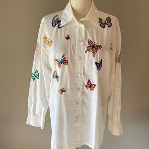 ESCADA by Margaretha Ley cotton white button up shirt embroidered butterflies M